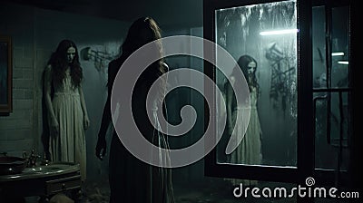 Ghost woman looking in the mirror in vintage mysterious room Stock Photo