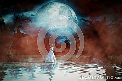 Ghost woman in white dress in Creepy forest Cartoon Illustration