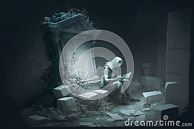 ghostly figure kneeling beside a broken tombstone, paying respects to the deceased Stock Photo