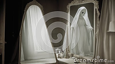 A ghostly figure in an old-fashioned mirror. Stock Photo