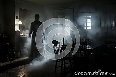a ghostly figure is standing in a dark room Stock Photo