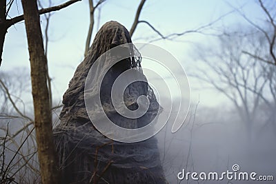 a ghostly figure standing in the middle of a foggy forest Stock Photo