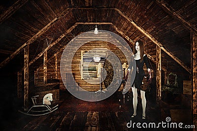 Ghostly girl stands in creepy attic holding knife in hand covered in blood. Halloween horror story concept 3D illustration Stock Photo