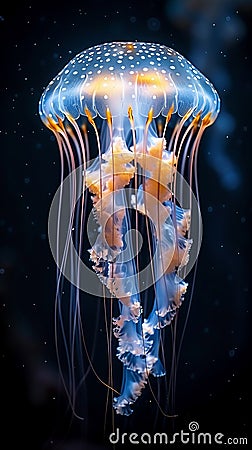 The ghostly glow of a jellyfish deep underwater Stock Photo