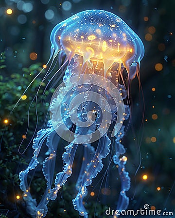 The ghostly glow of a jellyfish deep underwater Stock Photo