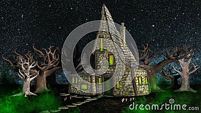 Ghostly Halloween House in the Woods Stock Photo