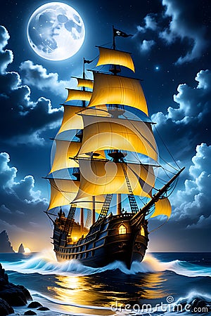 A ghostly pirate ship sailing on a stunning sea, in a night with full moon, starry sky, gentle waves, horor athmosphere, fantasy Stock Photo