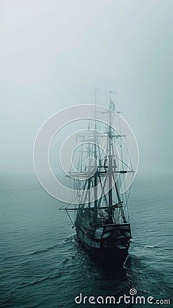 A ghostly sailing pirate ship emerges from a dense fog on the open sea, creating a mysterious and eerie maritime scene. Stock Photo