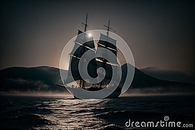 A ghostly ship sailing on a foggy sea of mercury Stock Photo