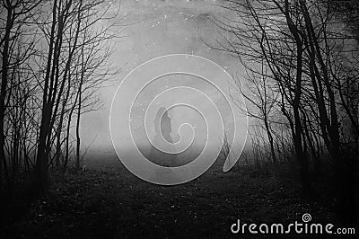 A ghostly transparent woman in a dress standing floating on a country path. With a grunge, vintage textured edit Stock Photo