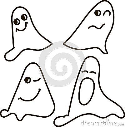 Ghosts, black-and-white, drawing, emotions: nfunny, smile, surprised, scared, winks, yawns, Halloween Vector Illustration