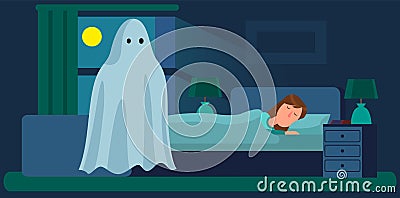 Ghosts in a dream. Girl s fantasy with frightened expression imagining very scary big monster Vector Illustration