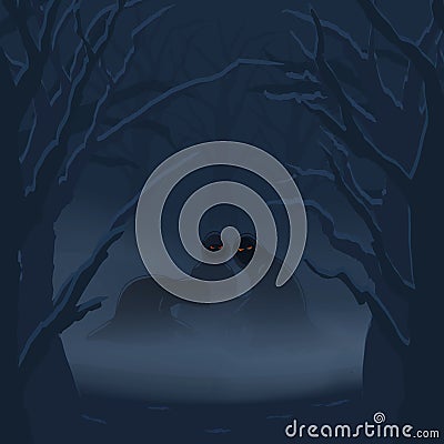 Ghosts in a misty night forest. Halloween background. Vector Illustration