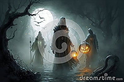 Ghosts Roaming the Lands at Night Cartoon Illustration