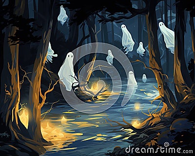 Ghosts are roaming the lands at night looking for prey. Cartoon Illustration