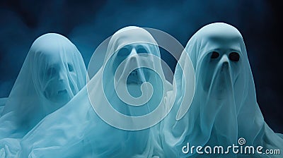 Ghosts under blue sheets in the fog Stock Photo