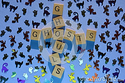 Ghouls, Ghosts, words, witches, cats and ghosts flat lay Stock Photo