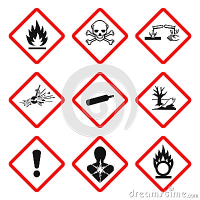 GHS pictogram hazard sign set. Isolated on white background. Dangerous, hazard symbol icon collection. Vector illustration image. Vector Illustration