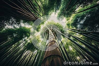 giant bamboo tree towering over lesser trees and plants Stock Photo