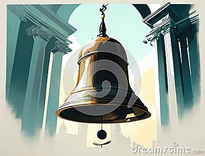 A giant bell hangs in the centre of a cathedral softly chiming hymns of faith. AI generation Stock Photo