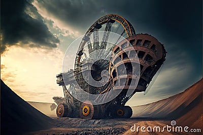 Giant bucket wheel excavator digging coal, mining industry Stock Photo