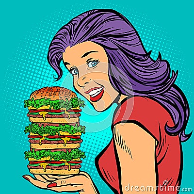 Giant Burger. Hungry woman eating fast food Vector Illustration