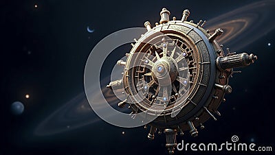 A giant celestial clockwork mechanism floating in deep space, its gears turning in synchronization with the movement of Stock Photo