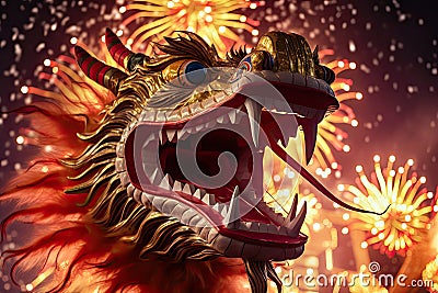 A giant Chinese New Year dragon amid festive fireworks - an impressive performance of the Lunar New Year - Generative AI Cartoon Illustration