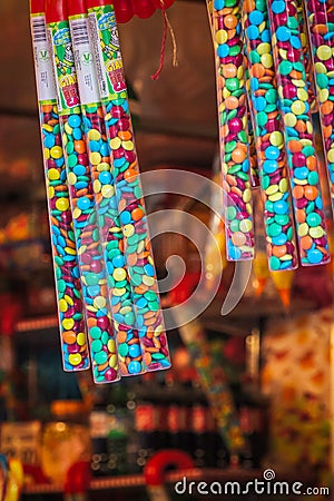 Giant chocolate bean cane on display at Christmas market in Hyde Park Winter Wonderland in London Editorial Stock Photo