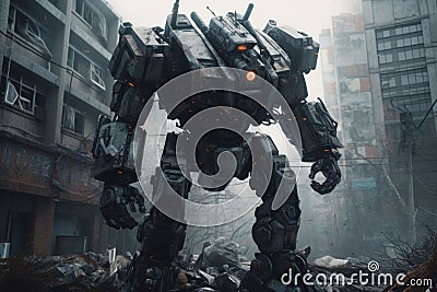 Giant city destroyed robot. Generate Ai Stock Photo