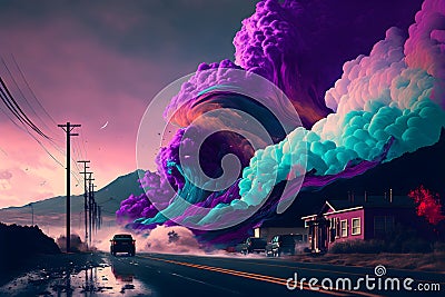 giant colorful vapour waves is about to cover small town houses near highway at sunset, neural network generated art Stock Photo