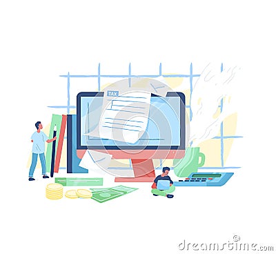 Giant computer, tiny people or taxpayers sitting beside and filling in tax form, money bills and coins. Personal Vector Illustration