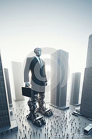 Giant corporate robot illustration. City in Chaos - Massive Corporate Robot. Digital Overlord - The Giant AI in Urban Landscape. Cartoon Illustration