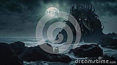 A giant creature standing on top of a rocky beach. AI generative image. Stock Photo
