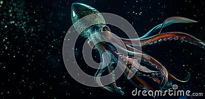 A giant deep-sea squid attacked a bathyscaphe on the ocean floor in the dark. Stock Photo