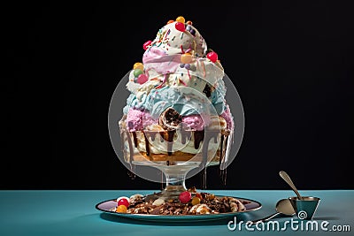 Giant Delicious Ice Cream Sundae on Plate With Spoon, A towering ice cream sundae with multicolored sprinkles, AI Generated Stock Photo
