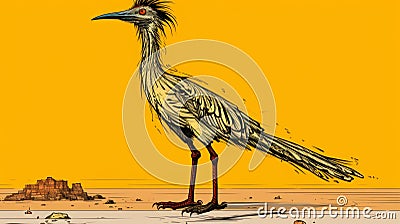 Giant Desert Bird: Realistic Pop Art Illustration In Dark Yellow Cartoon Illustration