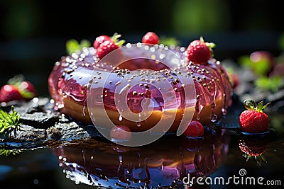 Giant donut surrounded by strawberries in Chocolate Lake, under the rainbow of confectionery., generative IA Stock Photo