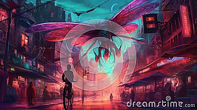 A giant dragonfly in the night surreal city Stock Photo