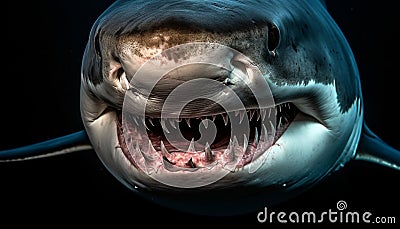 Giant evil cartoon fish with sharp fangs looking furious underwater generated by AI Stock Photo