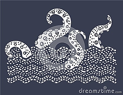 Giant evil kraken absorbs commercial sailing ship, silhouette octopus sea monster with tentacles Vector Illustration