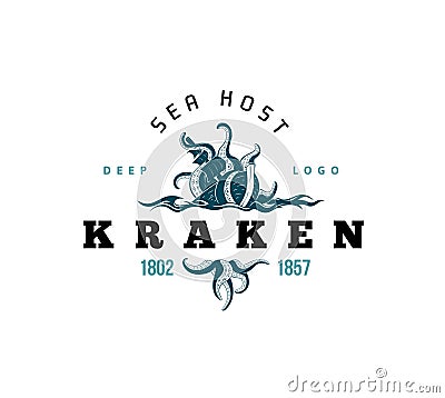 Giant evil kraken logo, silhouette octopus sea monster with tentacles Vector Illustration