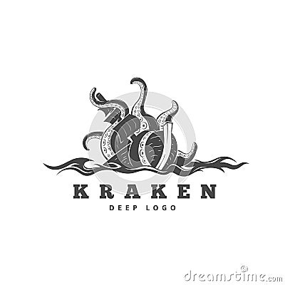 Giant evil kraken logo, silhouette octopus sea monster with tentacles Vector Illustration