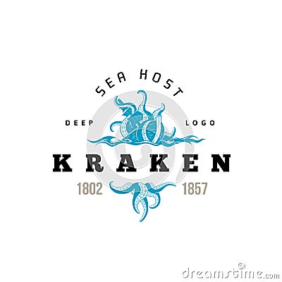 Giant evil kraken logo, silhouette octopus sea monster with tentacles Vector Illustration