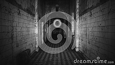 Giant Eyeball Floating Through an Asylum Halloween Horror Dark Film Grain Analogue Aesthetic Gothic Building Cartoon Illustration