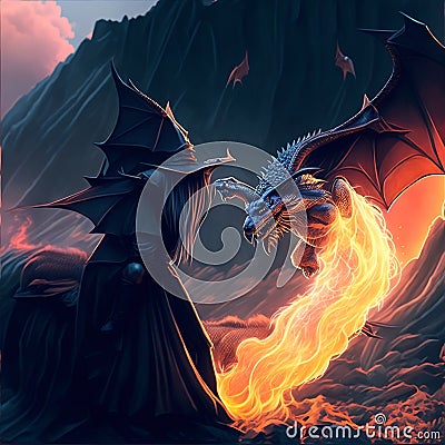 Giant fantasy dragon in night sky spread wings fire breathing Stock Photo