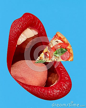 Giant female open mouth with red lipstick eating slice of delicious Italian pizza over blue background. Contemporary art Stock Photo