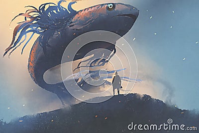 Giant fish floating in the sky above man in black cloak Cartoon Illustration