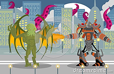 Giant flamethrower robot fighting a cthultu winger reptile tentacles monster in city Vector Illustration