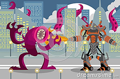 Giant flamethrower robot fighting a leech tentacles monster Stock Photo